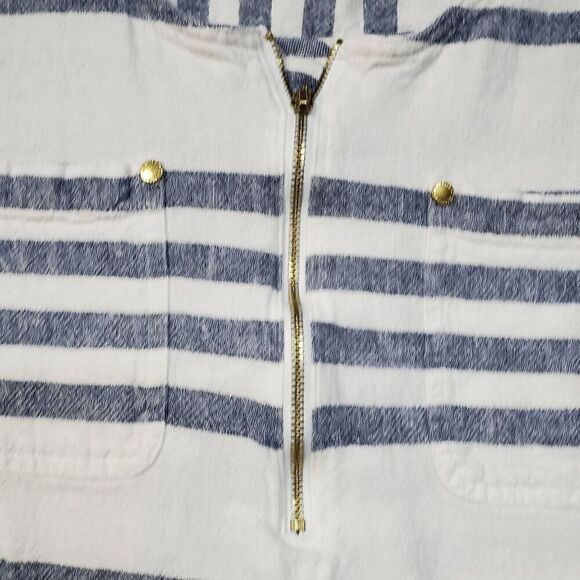 Ellen Tracy Top Womens Medium White Blue Striped Linen Blend Roll Tunic 1/4 Zip - Picture 7 of 9